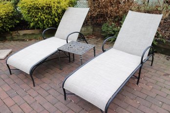 Set Of 2 Brown Jordan Outdoor Aluminum Lounge Chairs Includes Ornate Wrought Aluminum Side Table
