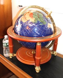 Large Vintage Blue Mineral Gemstone Globe On Stand With Semi-precious Stones