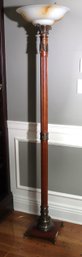 Regency Style Floor Lamp With Wood Column & A Frosted Glass Shade