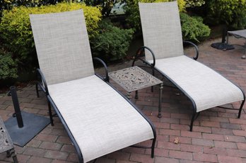 Set Of 2 Brown Jordan Outdoor Aluminum Lounge Chairs Includes Ornate Wrought Aluminum Side Table