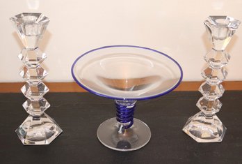 Modern Glass Candlesticks & Sasaki Pedestal Plate With Blue Swirl