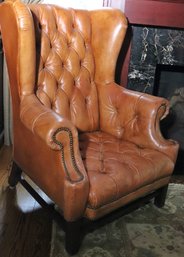 Henredon For Ralph Lauren Saddle Leather Chesterfield Wing Chair With Nail Head Accents