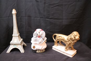 Vintage Eiffel Tower Barsottini Decanter Bottle, Jim Beam Tiffany Poodle Decanter And Barsottini Lion.
