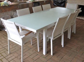 Outdoor Aluminum Dining Table With 8 Chairs From Rooms 2 Go, With Built In Leaf Insert.