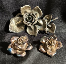 Sterling Silver Hand Made Rose Brooch/Pendant Plus Pair Of Floral Earrings