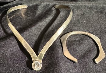 Sterling Silver 15.5 Inch Choker Necklace With Large CZ Center Stone-signed Meco-Modern Open Bangle Bracelet