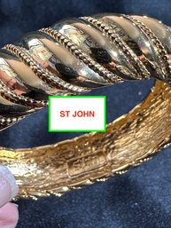 St. John Fancy Costume Gold Tone Hinged Bangle Bracelet-Signed