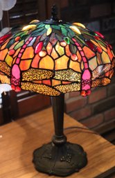 Pretty Slag Glass Table Lamp With Dragonfly Pattern