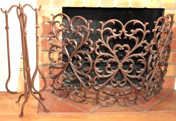 Ornate Bronze Finished Wrought Iron Fireplace Screen & Tool Set With Stand