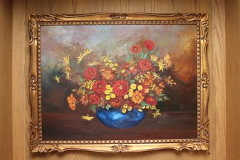 Large Floral Centerpiece Still Life Painting On Masonite Board In An Ornate Gilt Wood Frame 44 X 34 Inches