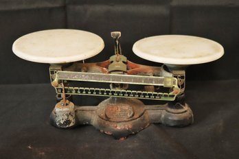 Antique Ohaus Double Pan Balance Scale Cast Iron With Milk Glass Trays.