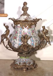 Very Decorative Painted Porcelain Urn With Bronze And Base