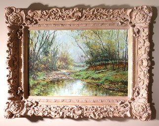 Reproduction Landscape Decorative Artwork With Woods And Stream In Wide  Composition Gilded Frame