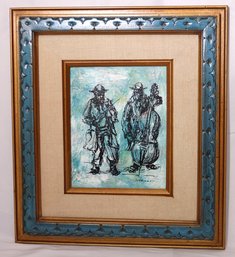 Vintage Painting On Canvas Of String Fiddlers Signed By The Artist Margot In Beautiful Frame With Blue Accents