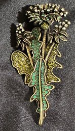 Heidi Daus Long Floral Brooch Pin With Green Crystal And Faux Diamonds-signed