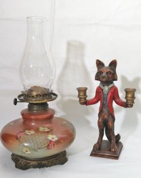Pretty Painted Oil Lamp, Includes Fox Figurine Made In USA