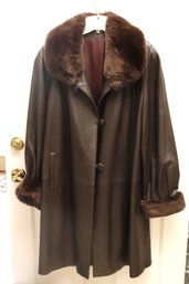 Ladies Leather Mid-calf Coat With Fur Collar & Cuffs. Size 2X