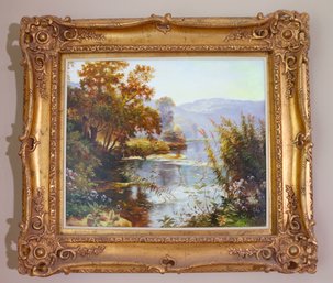 Landscape Painting Signed Sokol With Gold Composition Frame.