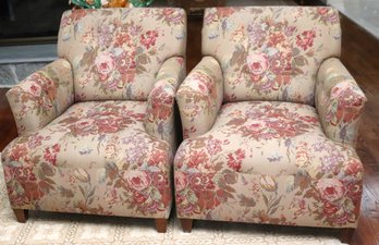 Pair Of Fine Quality Custom Arm Chairs With A Floral Tapestry Style Fabric And A Tufted Design