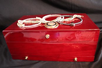 Collection Of Assorted Jewelry As Pictured Includes Assorted Sized Pieces & Red Lacquered Jewelry Box