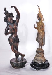 Vintage Cast Bronze Hindu Goddess Figure And Cast Metal Figurine Painted In A Gold Finish