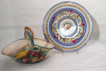 Hand Crafted Plate From Italy And Basket From Greece With A Cross Braided Handle