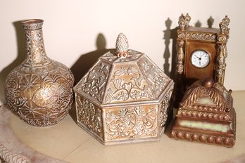 Lot Of Decorative, Resin Items With Two Boxes And Lids, Clock, Vase.