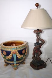 Resin Monkey Table Lamp And Italian Style Ceramic Footed Planter