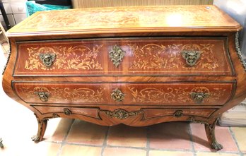 French Style Reproduction Of Bombe Chest With Overall Scroll Work Design & Brass Mounts