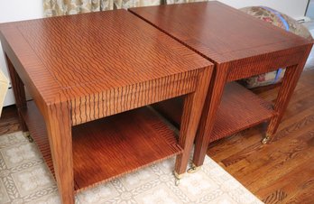 Pair Of Fine Quality Custom End Tables With Drawer And Bottom Shelf For Storage On Brass Casters With Striped