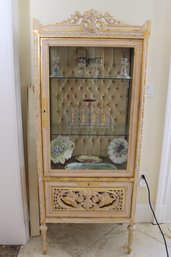 Lovely Antique Style Display Cabinet With Gilt Light Wood And Glass, Tufting And Glass Shelves