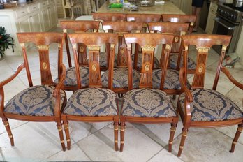 Lot Of 10 Elegant Empire Style Burlwood Chairs With Gold Detailing And Blue  Damask Fabric Seats.