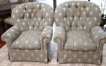 Pair Of Custom Tufted Swivel Chairs With A Light Green Stitched Floral Fabric