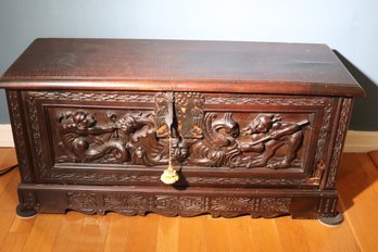 Antique Carved Wood Asian Style Chest/ Trunk With Embossed Dragon And Warrior Scenery