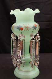 Vintage Victorian Green Opaline Glass Mantel Luster With Hanging Crystals And Hand Painted Detail