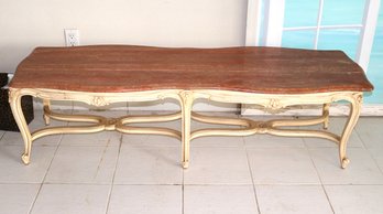 French Provincial Style Marble Top Coffee Table With Curvy Carved & Painted Wood Base