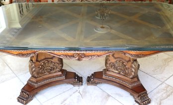 Double Pedestal Burlwood Dining Table With Parquet Top And Two Additional  Leaves.