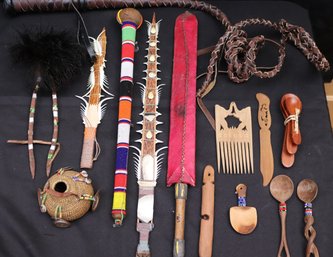 Assorted Primitive Tools And Weapon Decor As Pictured Includes Macahuitl And More