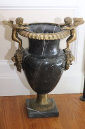 Elegant Black Marble Urn With Angels And Lions Heads.