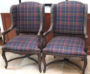 Pair Of Fine Henredon Carved Wood Wing Back Dining Chairs With Custom Ralph Lauren Style Plaid Fabric And Nail
