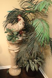 Decorative Resin Pedestal And Rooster, Includes A Faux Plant