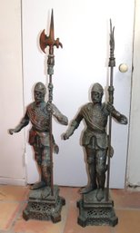 Pair Of Decorative Metal Statues Of Knights With Scabbards On Metal Bases