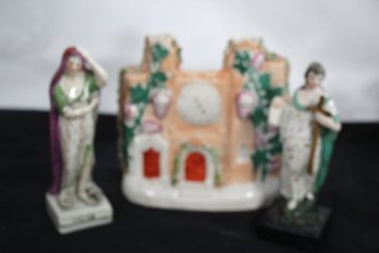Antique 19 Th Century Staffordshire Castle  Spill Vase And 2 Figurines