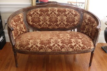 Romantic Curved French Style Settee With Brown Gold Damask Fabric.