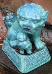 Blue Green, Ceramic Foo, Dog/temple Lion With Protective Paw On Baby Lion
