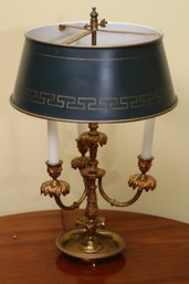 Antique French Brass 3 Arm Bouillotte Table Lamp With Metal Tole Shade And Arrowhead Finial