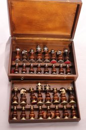 Vintage Ornate Brass/ Polished Wood Chess Set With Case