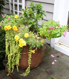Large Cement Garden Planter With Handles And Floral Design Measures Approx. 22 X 18 Inches