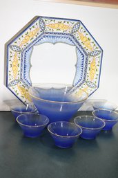 Large Octagonal Platter Made In Portugal Nazari 215 F.S. Includes Blue Glass Bowl Set Includes 6 Dessert Bowls