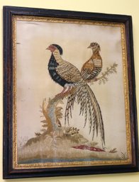 Fine Antique Needlework Embroidered On Silk Of Majestic Birds In Frame In The Style Of George Edwards